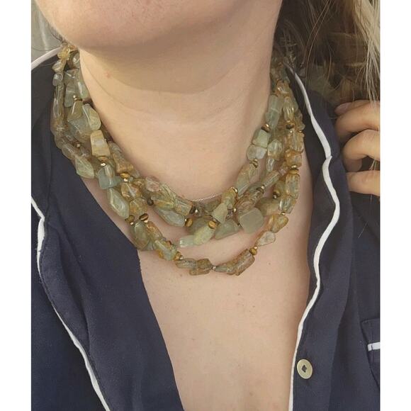 CINER Semiprecious 5 Strand Natural Aquamarine Stone, Tiger Eye Statement Choker - Picture 10 of 12